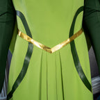 Front waist close-up of the Keyleth evening dress showing V-shaped gold-colored trim and skirt pleats