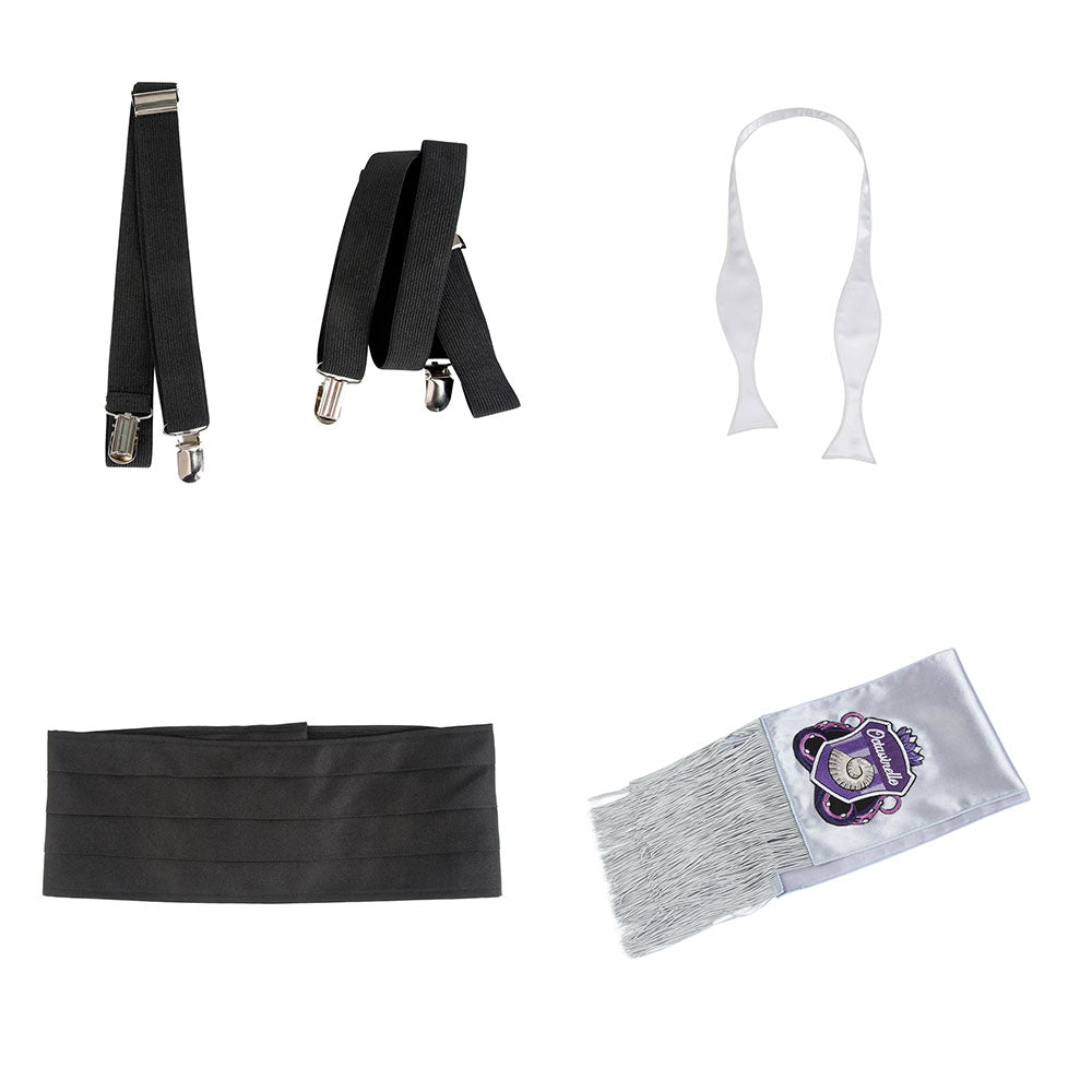 Floyd Leech black suspenders, white bow tie, black cummerbund and Octavinelle crest scarf laid out separately