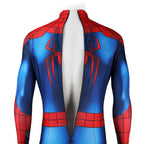 Close-up of the open back zipper on the Peter Parker Spider-Man red and blue cosplay bodysuit