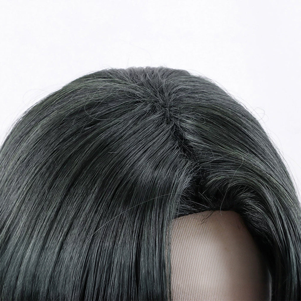 Close-up of Genichi Sojo wig showing the center part and black hair fibers at the crown