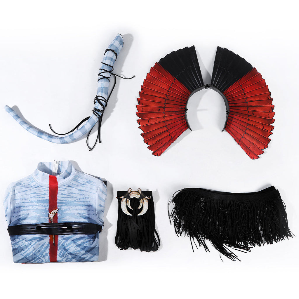 Varang blue striped bodysuit, red-and-black headpiece, cord-wrapped tail and black fringe pieces laid out separately