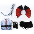 Varang blue striped bodysuit, red-and-black headpiece, cord-wrapped tail and black fringe pieces laid out separately