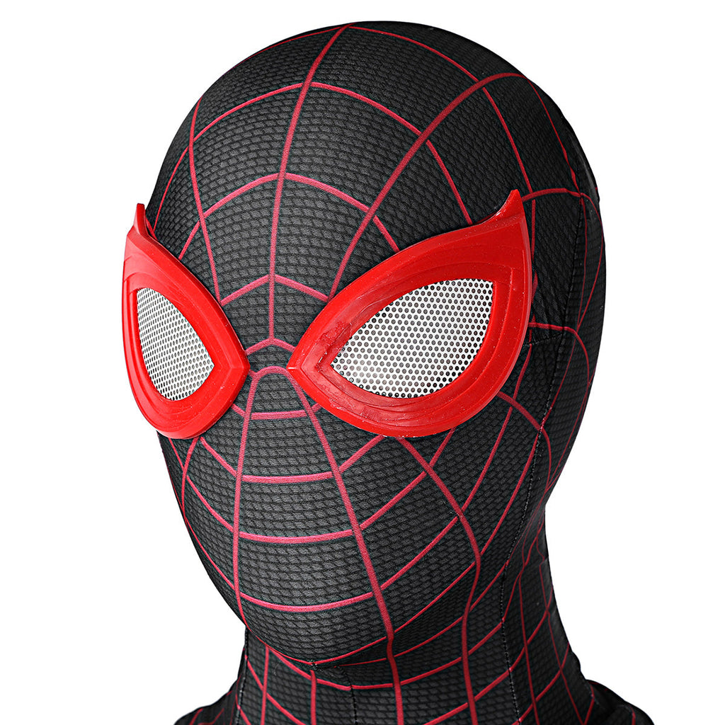 Close-up of the Spider-Man 2 Miles Morales mask with white mesh eyes, red frames and red web lines