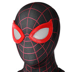 Close-up of the Spider-Man 2 Miles Morales mask with white mesh eyes, red frames and red web lines