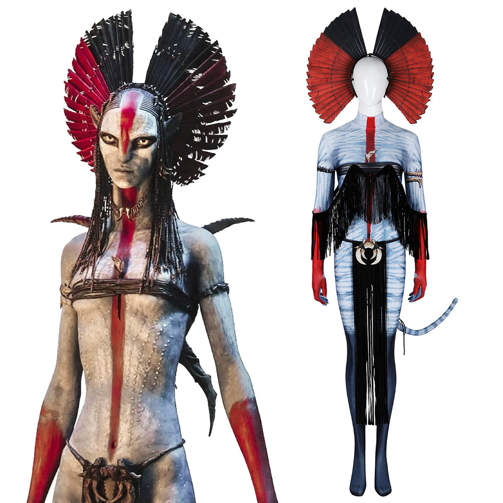 Avatar Fire and Ash Varang cosplay costume with blue striped bodysuit, black fringe and red-and-black headpiece, beside a character reference