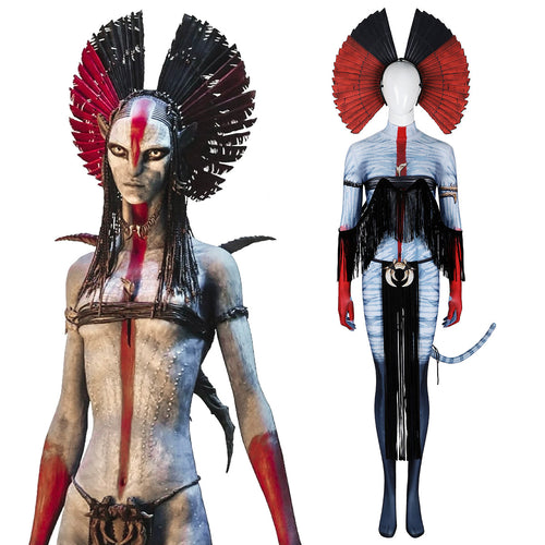 Avatar Fire and Ash Varang cosplay costume with blue striped bodysuit, black fringe and red-and-black headpiece, beside a character reference