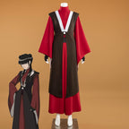Mai red long-sleeved cosplay costume with a dark sleeveless outer layer and white neckline trim beside the character reference
