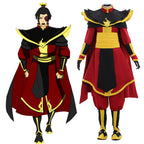 Zuko red, black and gold cosplay costume with broad shoulder panels and a gold waist sash beside the character reference