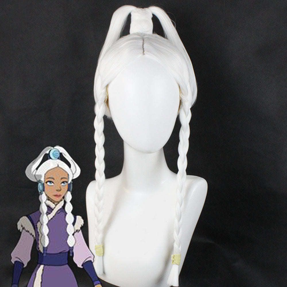 Princess Yue white cosplay wig with two front braids and a raised ponytail on a mannequin beside the character reference