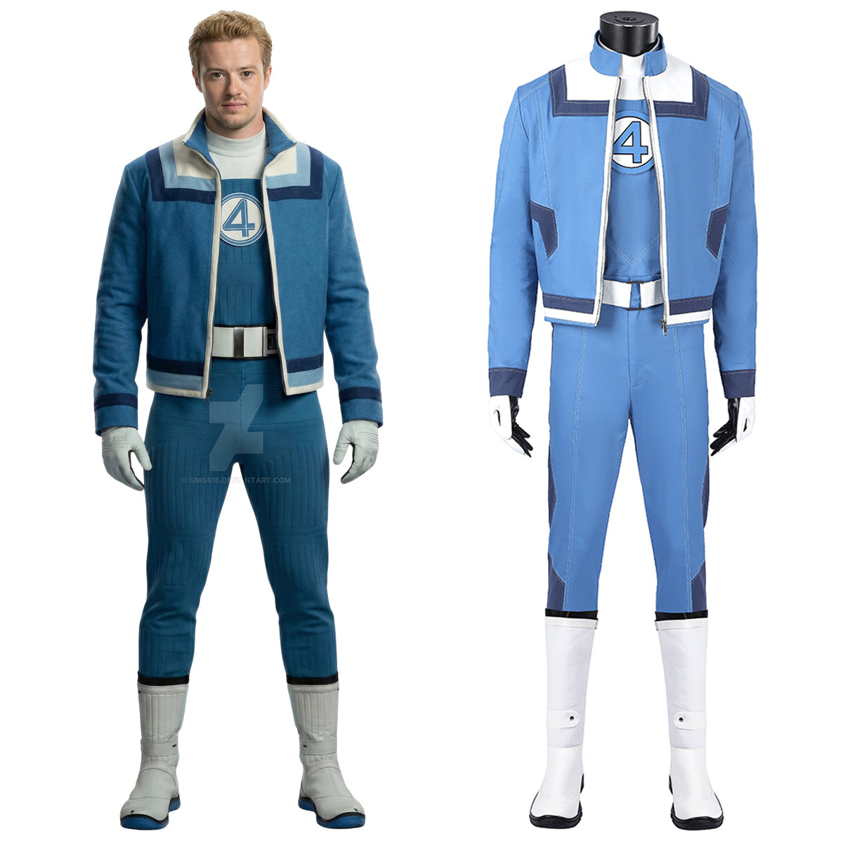 Human Torch blue cosplay suit and zip jacket with white trim and a number 4 chest emblem beside the character reference
