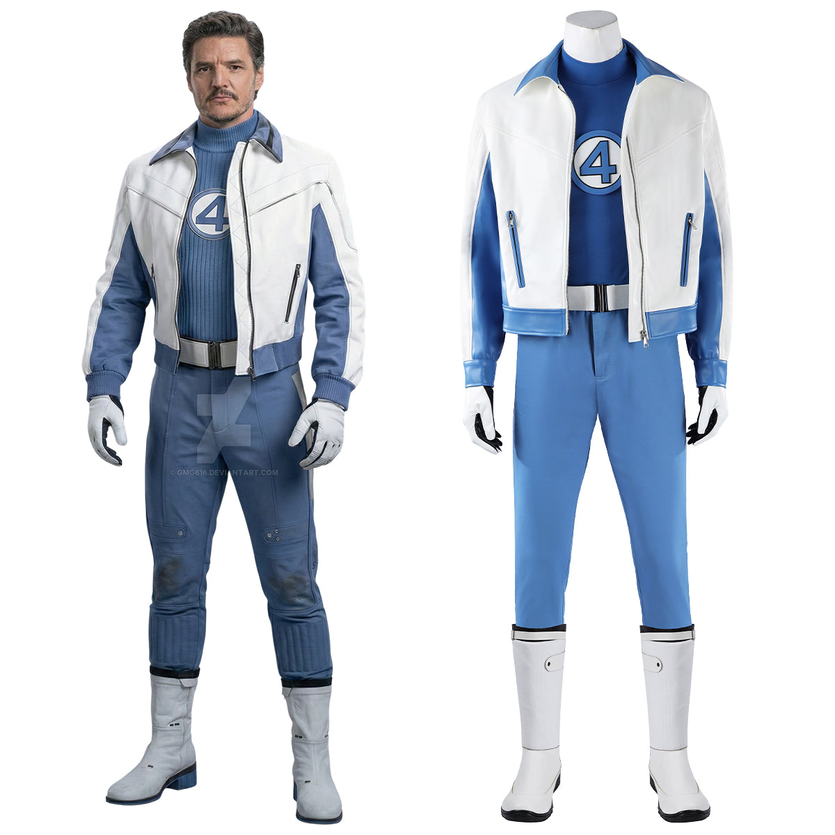 Mister Fantastic blue cosplay suit with a white and blue jacket and number 4 chest emblem beside the character reference