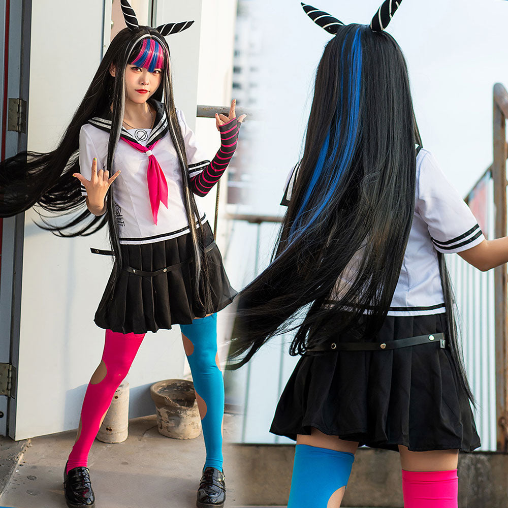 Front and rear model views of the Ibuki Mioda costume showing the pleated skirt, studded hip strap and colorful stockings