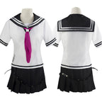 Front and back mannequin views of the Ibuki Mioda white sailor blouse, striped black collar and black pleated skirt
