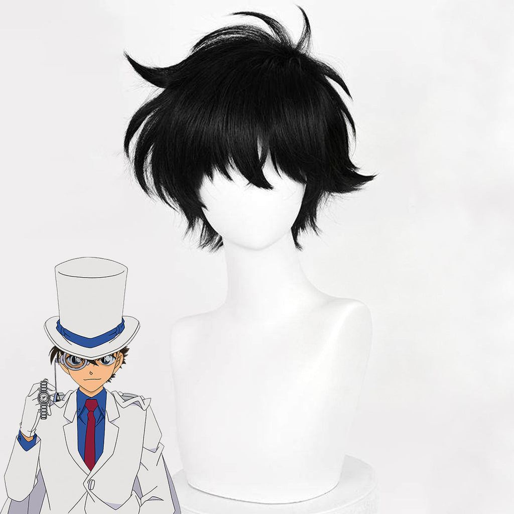 Kid the Phantom Thief black Detective Conan cosplay wig with pointed bangs and swept crown spikes beside the character reference