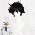 Kid the Phantom Thief black Detective Conan cosplay wig with pointed bangs and swept crown spikes beside the character reference