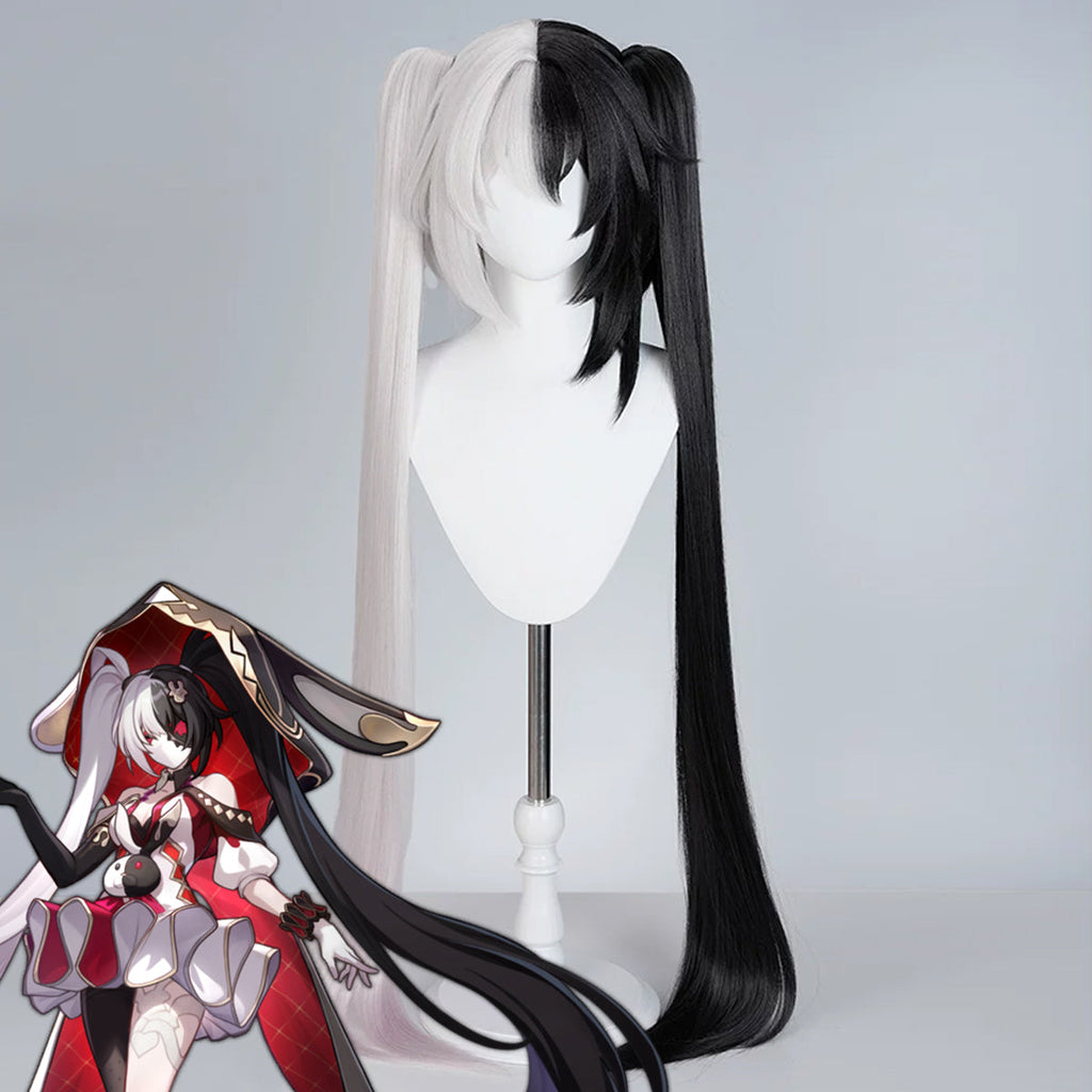 Honkai Star Rail Sparxie black-and-white twin-tail cosplay wig beside a character illustration