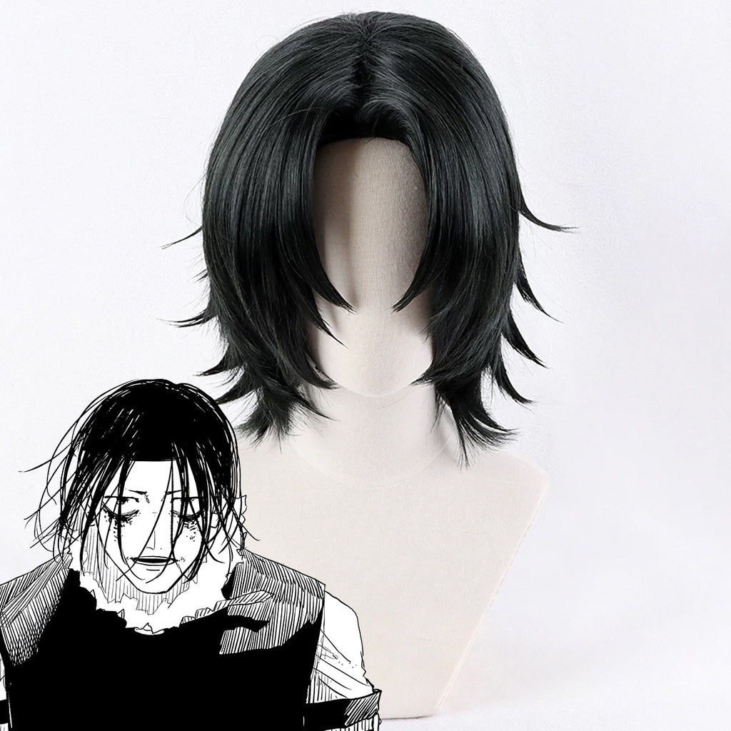 Kagurabachi Genichi Sojo black cosplay wig with parted bangs and flipped layers beside character art