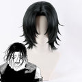 Kagurabachi Genichi Sojo black cosplay wig with parted bangs and flipped layers beside character art
