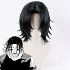 Kagurabachi Genichi Sojo black cosplay wig with parted bangs and flipped layers beside character art