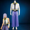 Kingdom Hearts 2 Riku cosplay costume on a mannequin with white and yellow vest and purple trousers beside character art