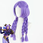 League of Legends Yunara purple cosplay wig with face-framing bob sections and long braids beside character art