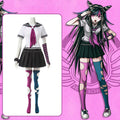 Ibuki Mioda Danganronpa 2 cosplay costume with a white sailor top, pink necktie and black skirt beside the character reference