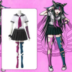 Ibuki Mioda Danganronpa 2 cosplay costume with a white sailor top, pink necktie and black skirt beside the character reference