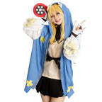 Close-up of the Bridget costume showing the hood, jacket zipper, cream top and black waist bow