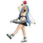 Full-length Bridget cosplay pose with a raised red yo-yo prop and blue-and-white hooded jacket