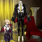 Zenless Zone Zero Evelyn Chevalier costume with black coat, white top, yellow tie and glossy trousers, beside a character reference